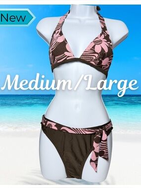 Brown Pink Halter Bikini Set Size M/L Tie Side Retro Floral Swim